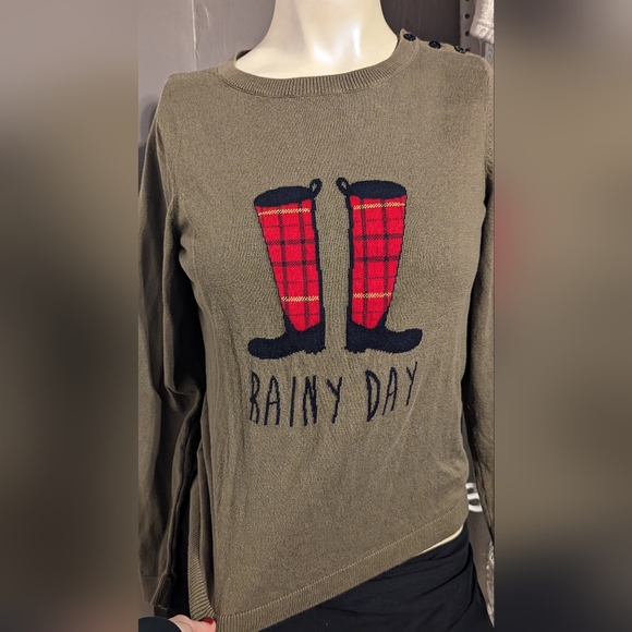 Talbots Olive Green sweater rain day boots plaid art graphic button patch large - Picture 3 of 7